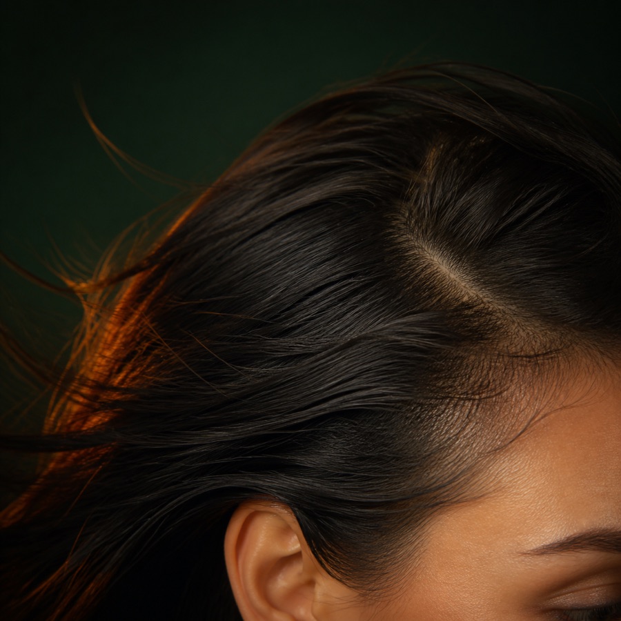 Hair loss / thinning Close-up of the hair parting and scalp